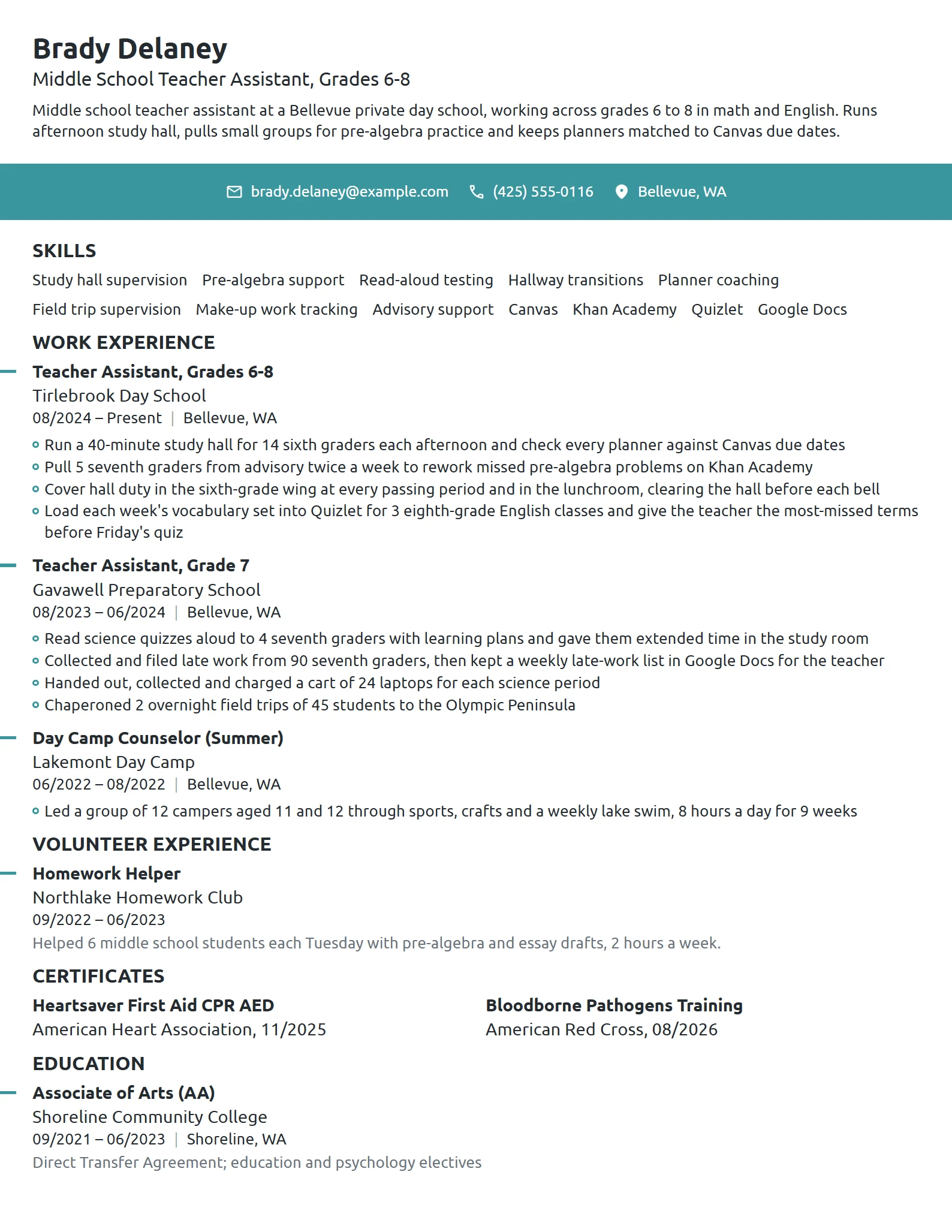 Middle School Teacher Assistant resume example