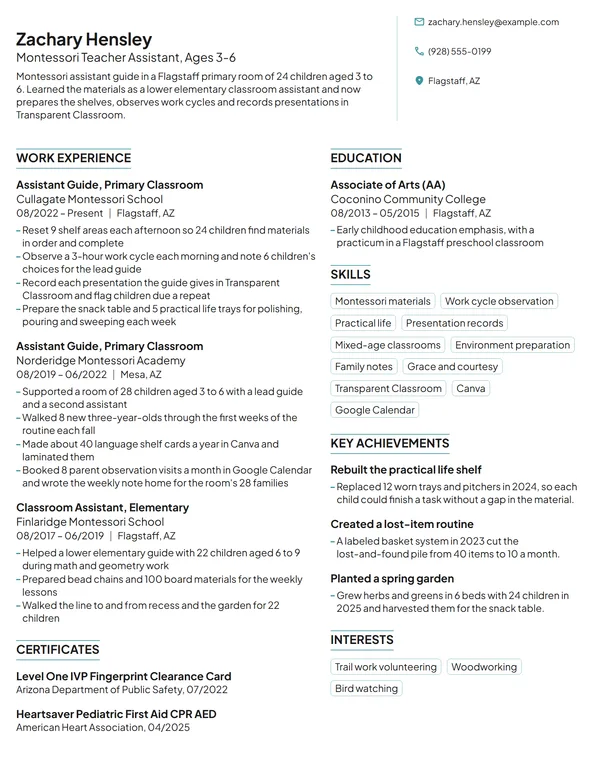 Montessori Teacher Assistant resume example