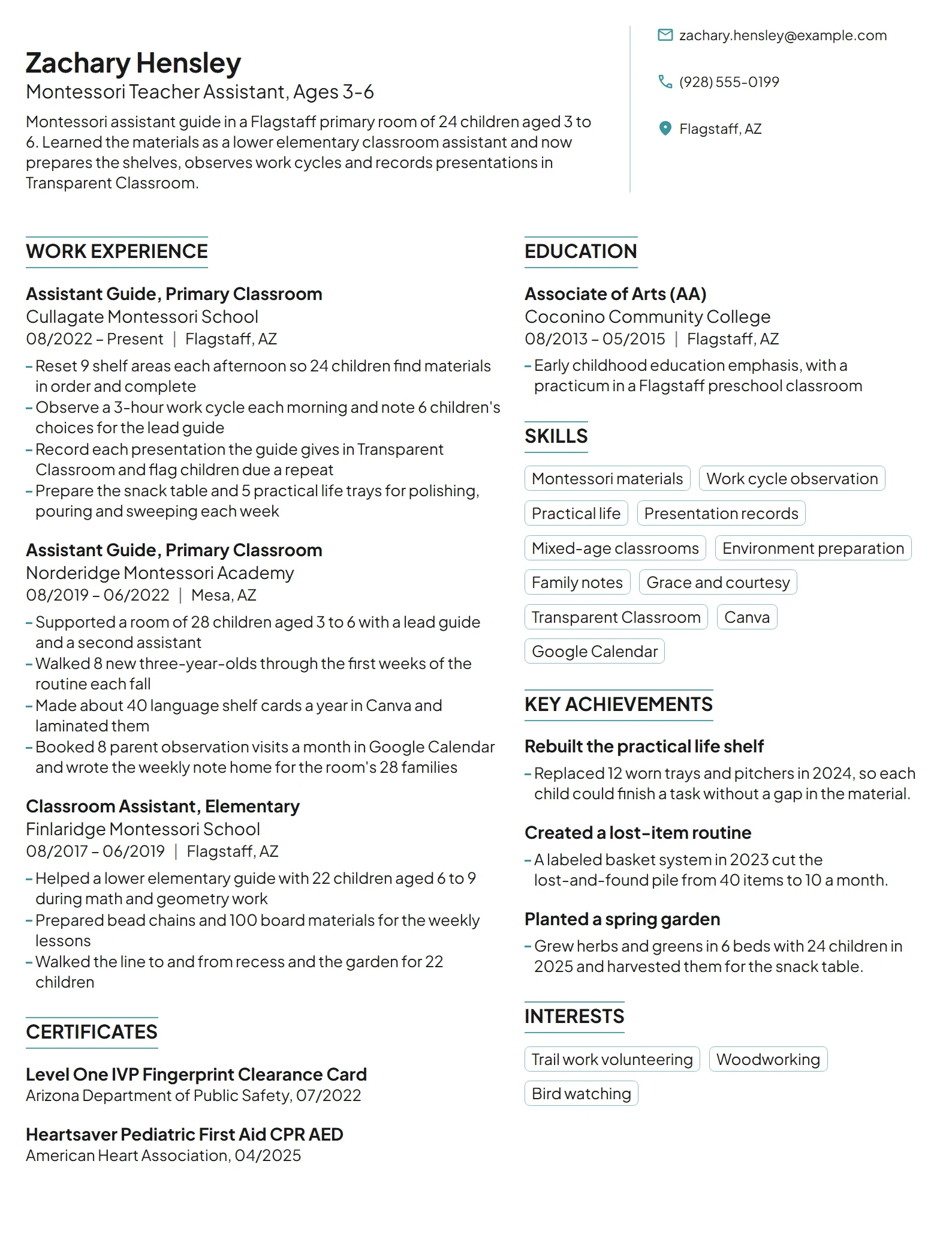 Montessori Teacher Assistant resume example
