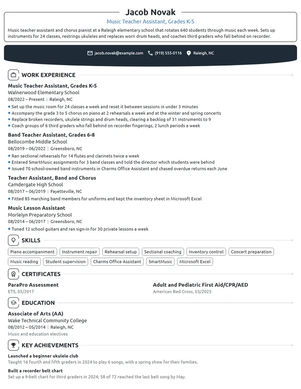 Music Teacher Assistant resume example