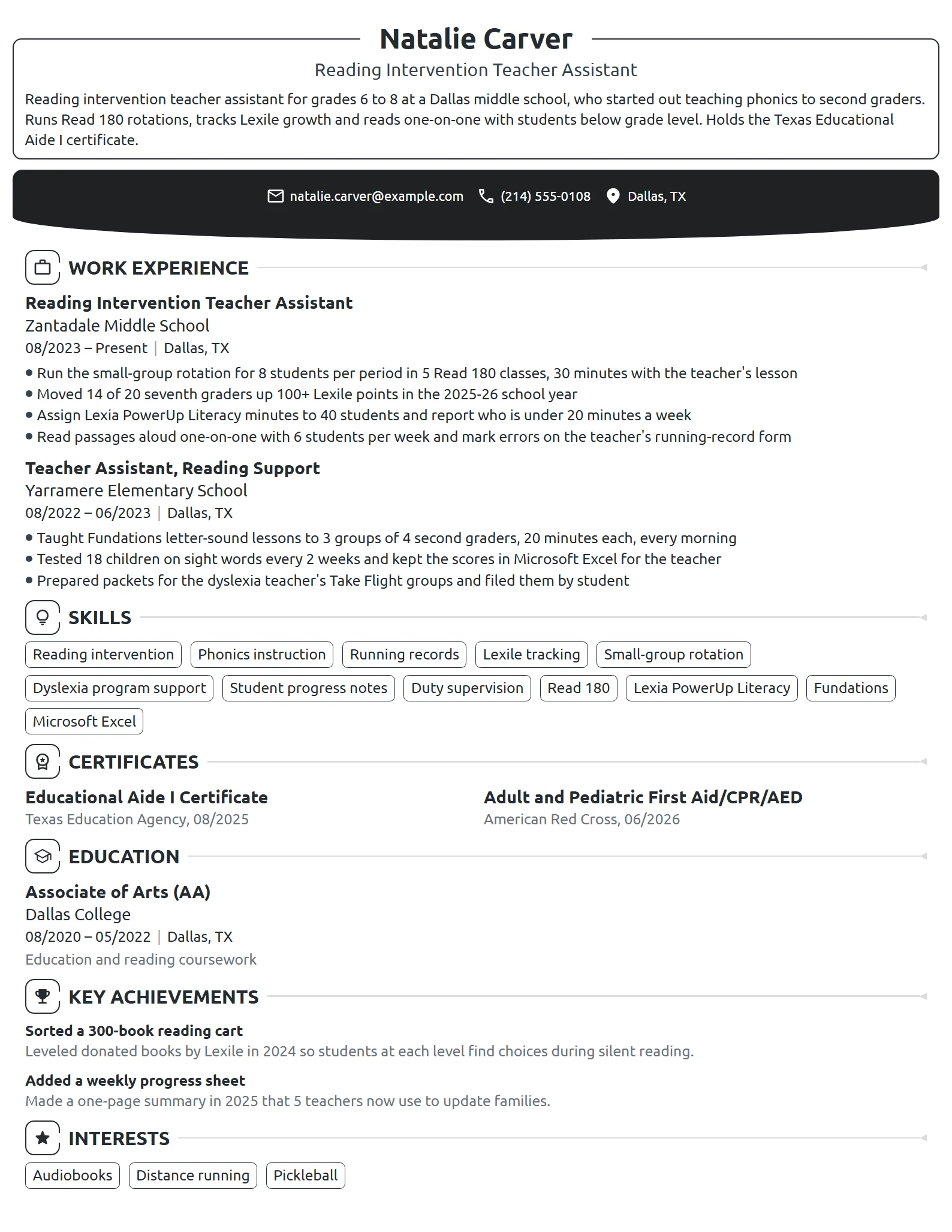 Reading Intervention Teacher Assistant resume example