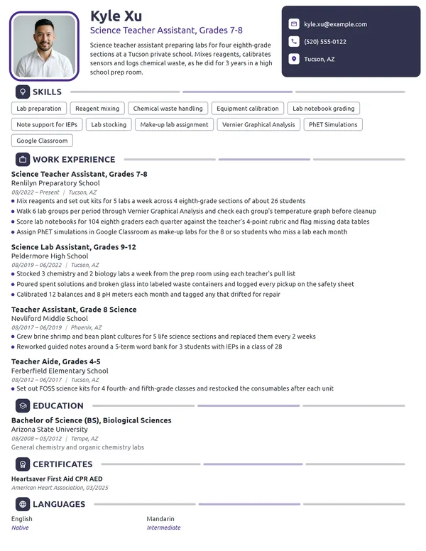Science Teacher Assistant resume example