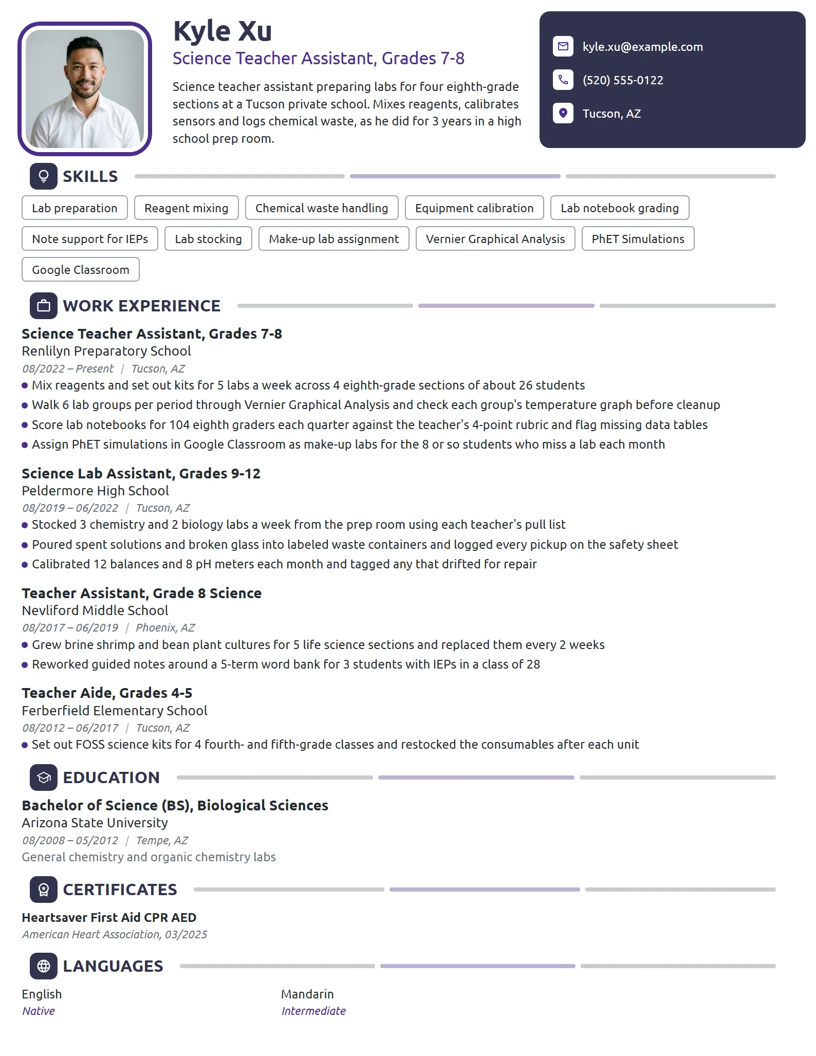 Science Teacher Assistant resume example