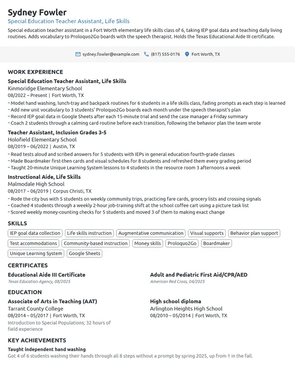Special Education Teacher Assistant resume example