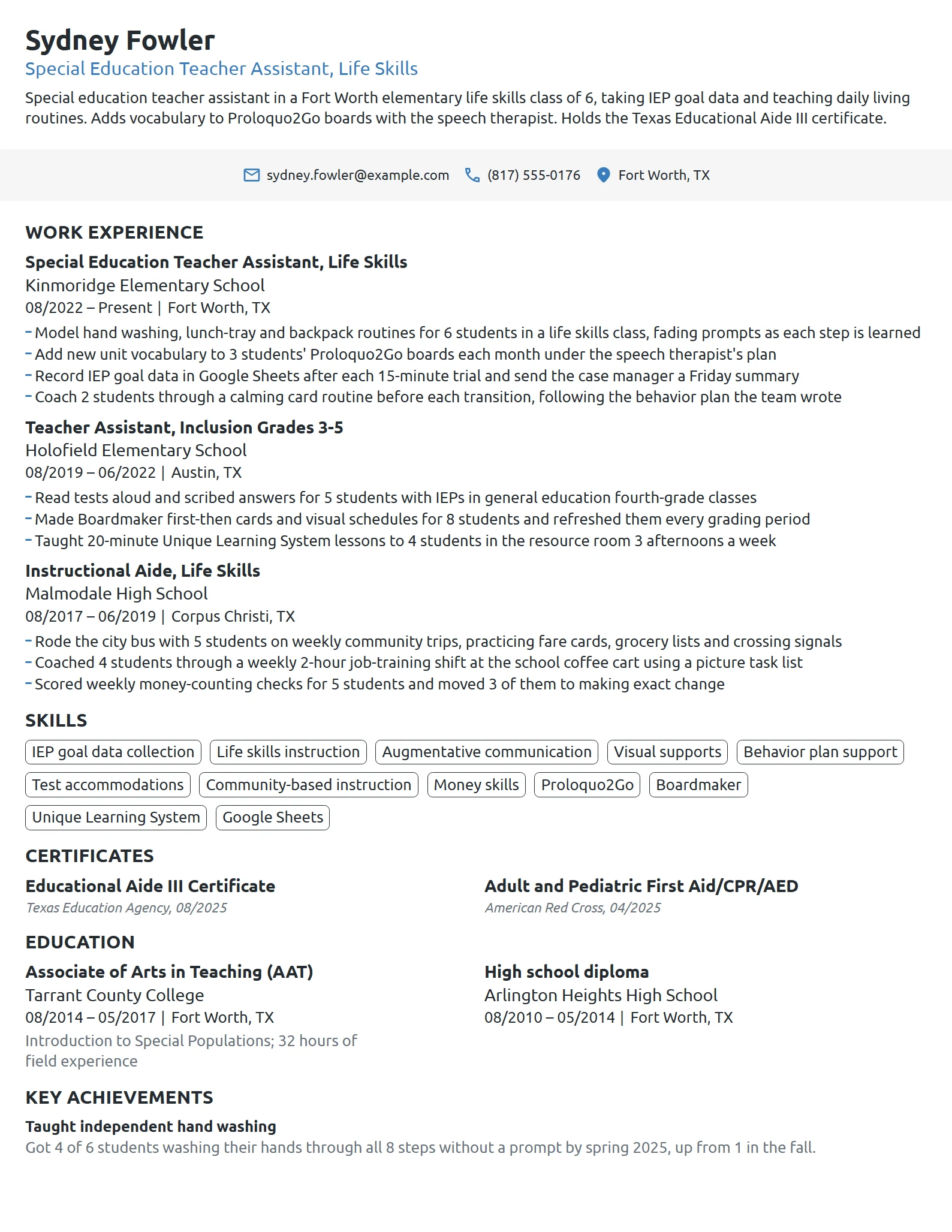 Special Education Teacher Assistant resume example