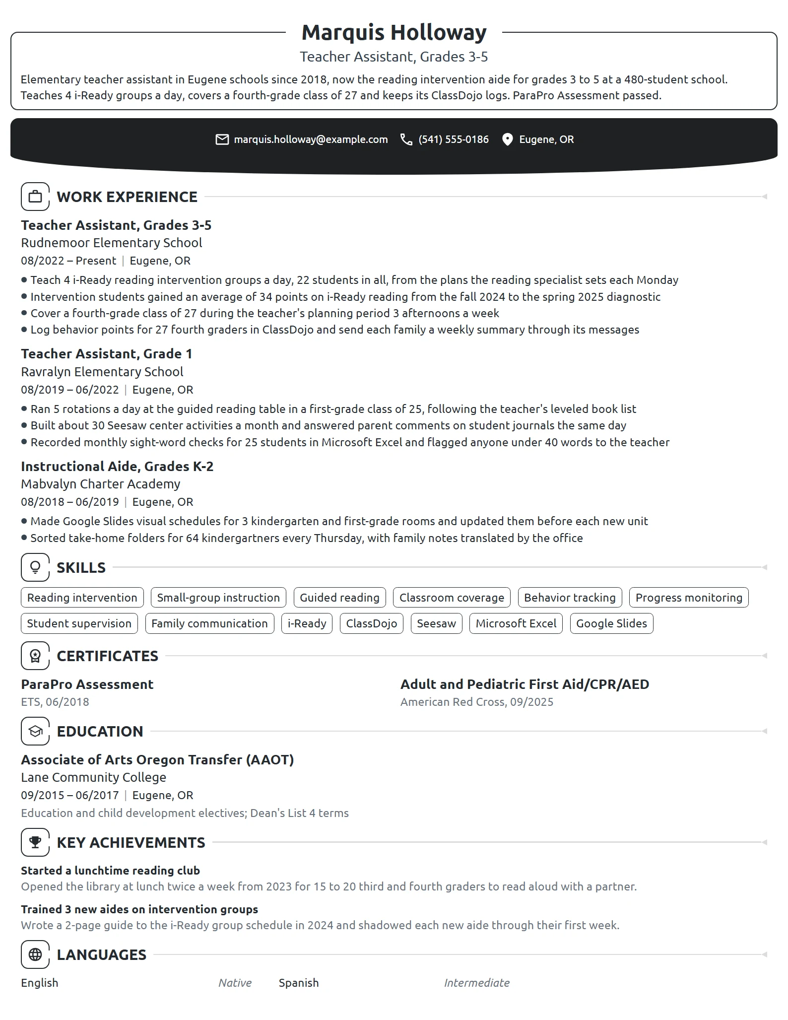 Teacher Assistant resume example