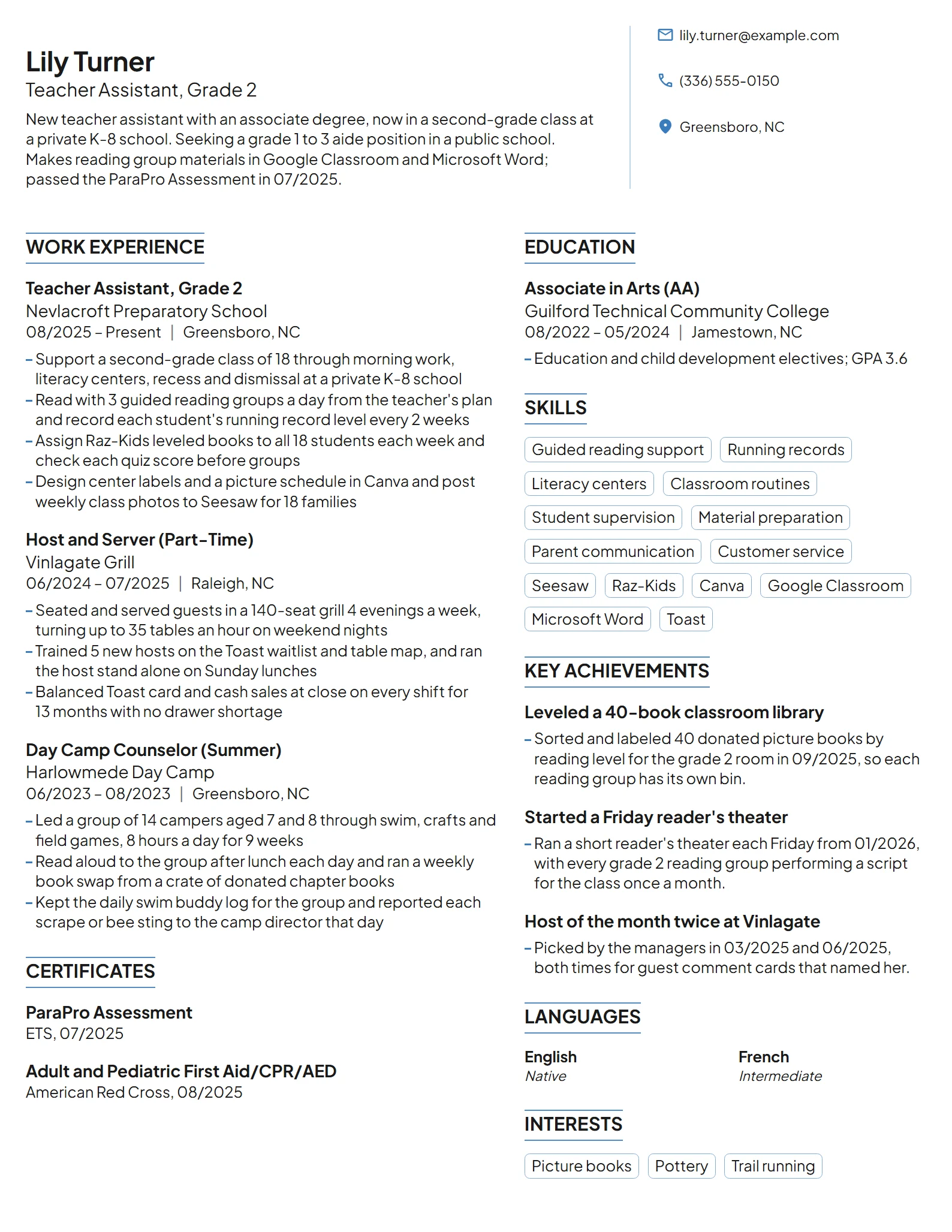 Teacher Assistant with No Experience resume example