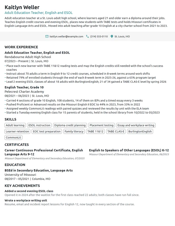 Adult Education Teacher resume example