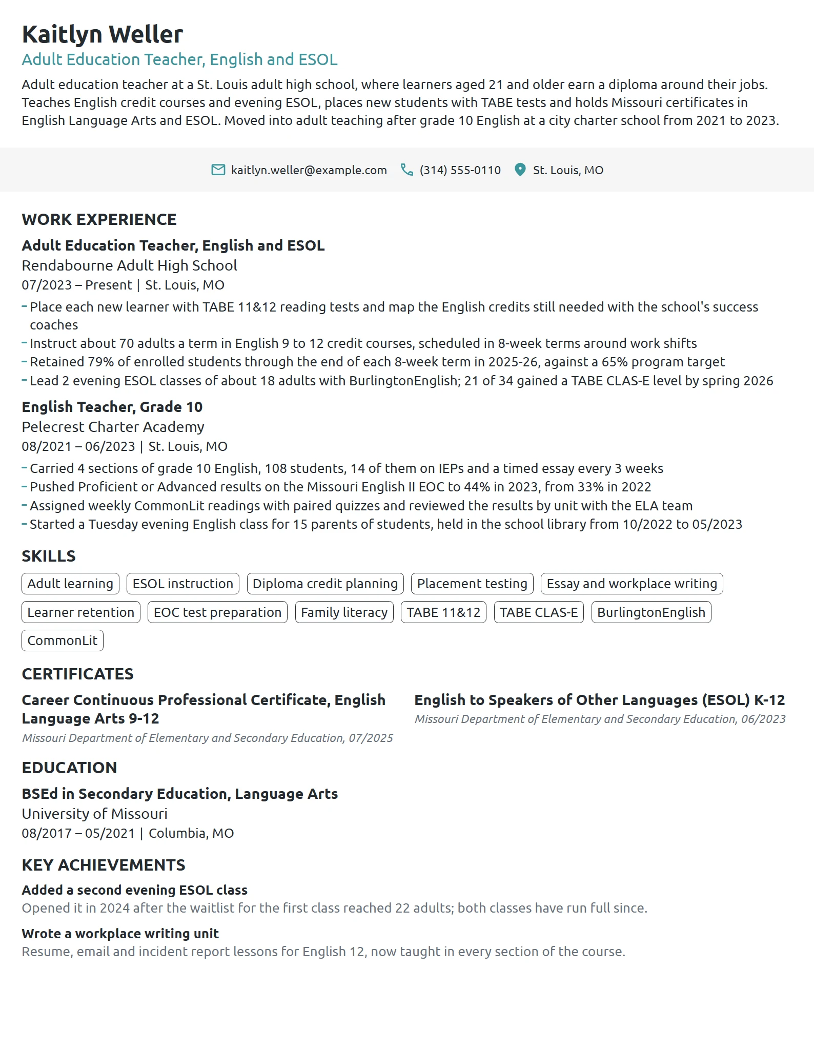 Adult Education Teacher resume example