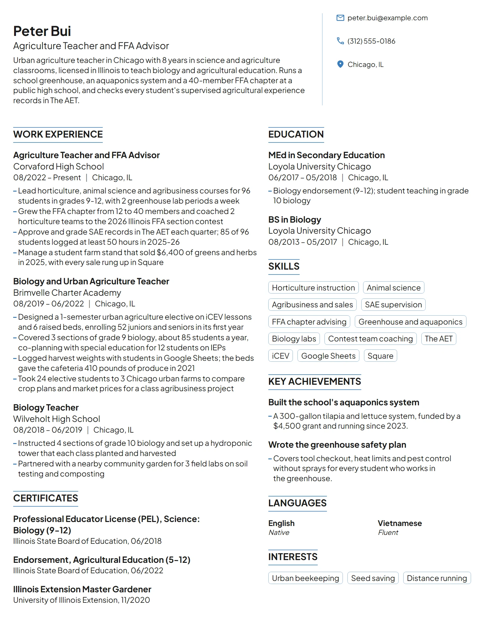 Agriculture Teacher resume example