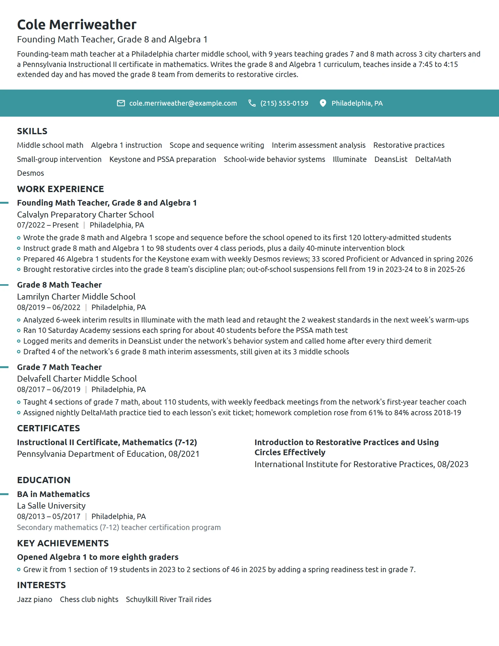 Charter School Teacher resume example