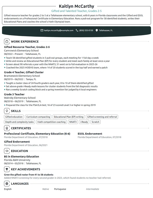 Gifted and Talented Teacher resume example