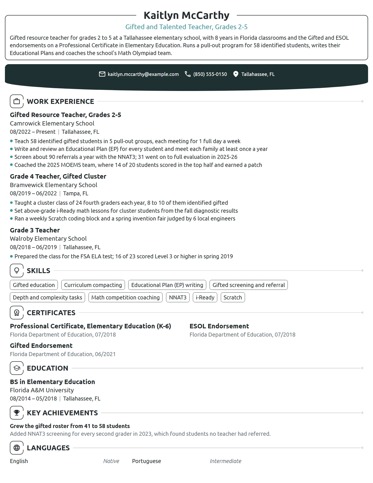 Gifted and Talented Teacher resume example