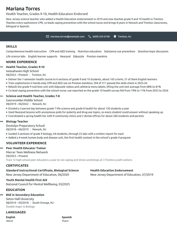 Health Teacher resume example