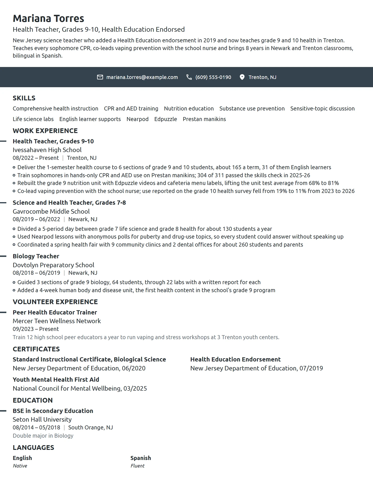 Health Teacher resume example