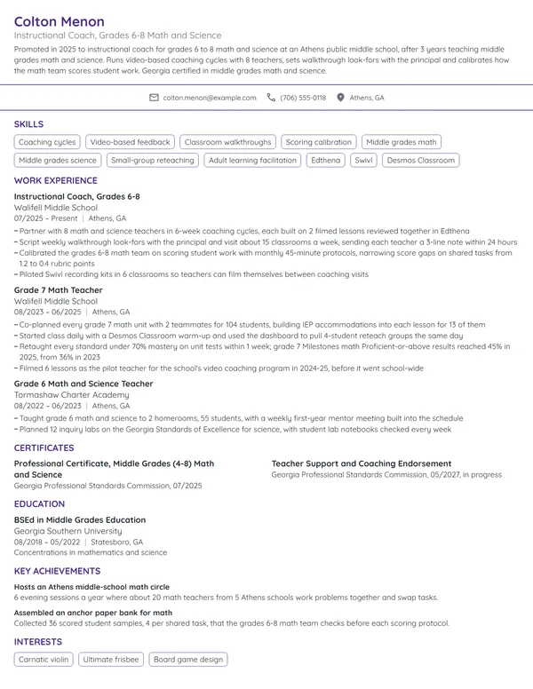 Instructional Coach resume example