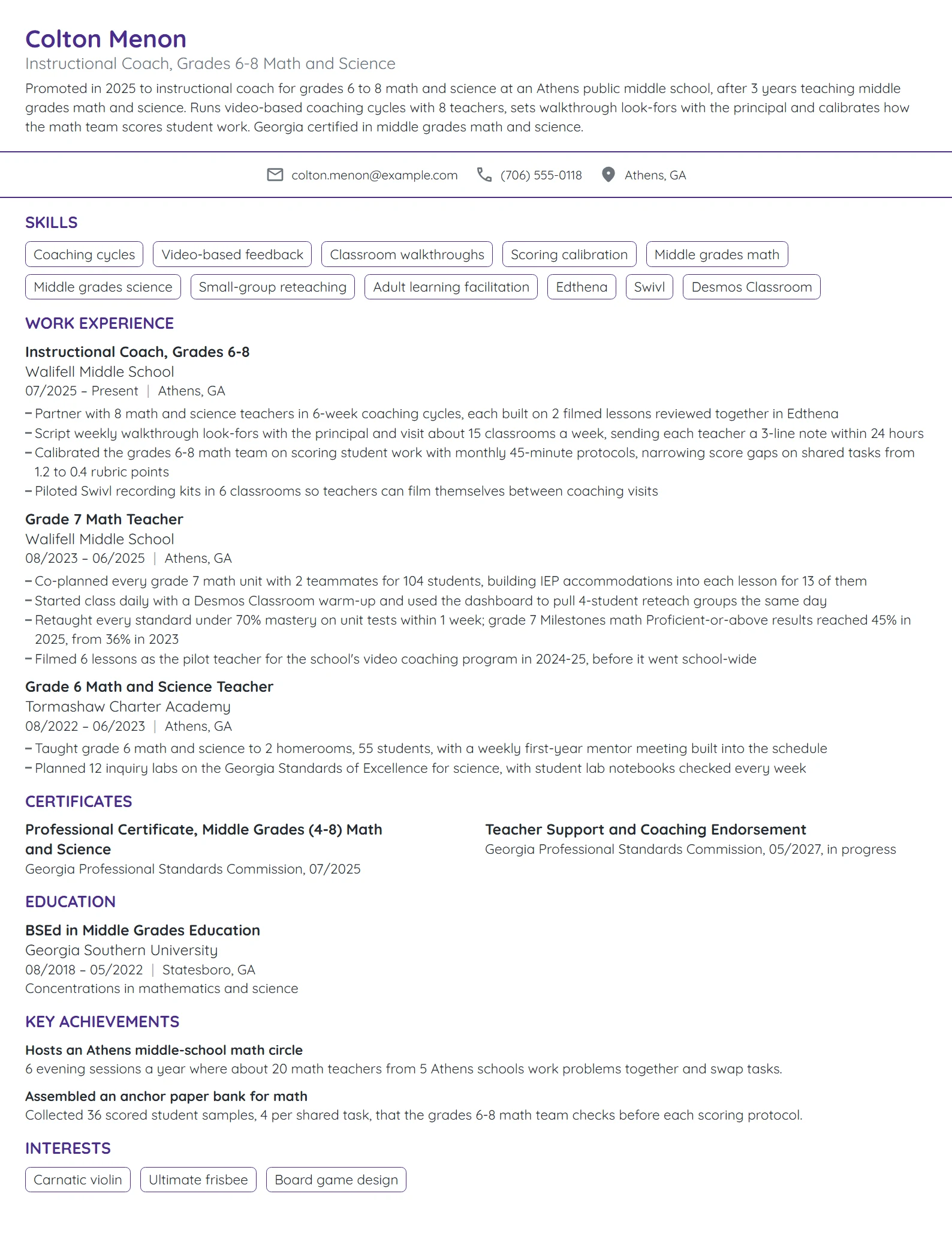 Instructional Coach resume example