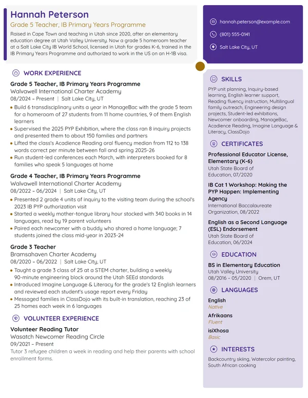 International School Teacher resume example