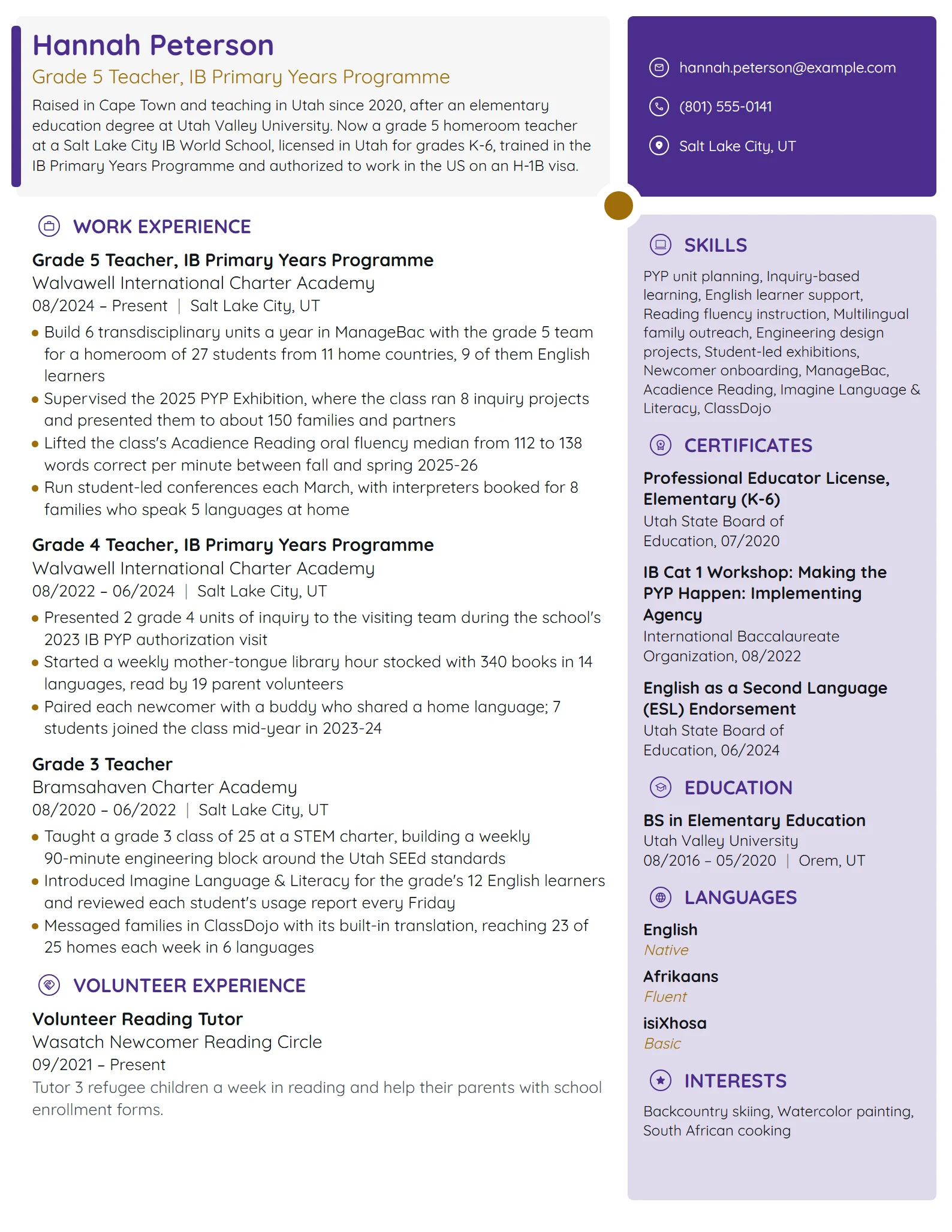 International School Teacher resume example