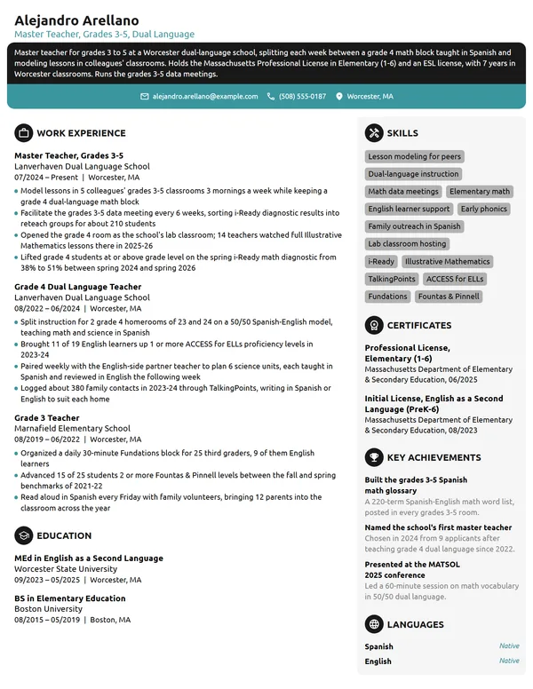 Master Teacher resume example