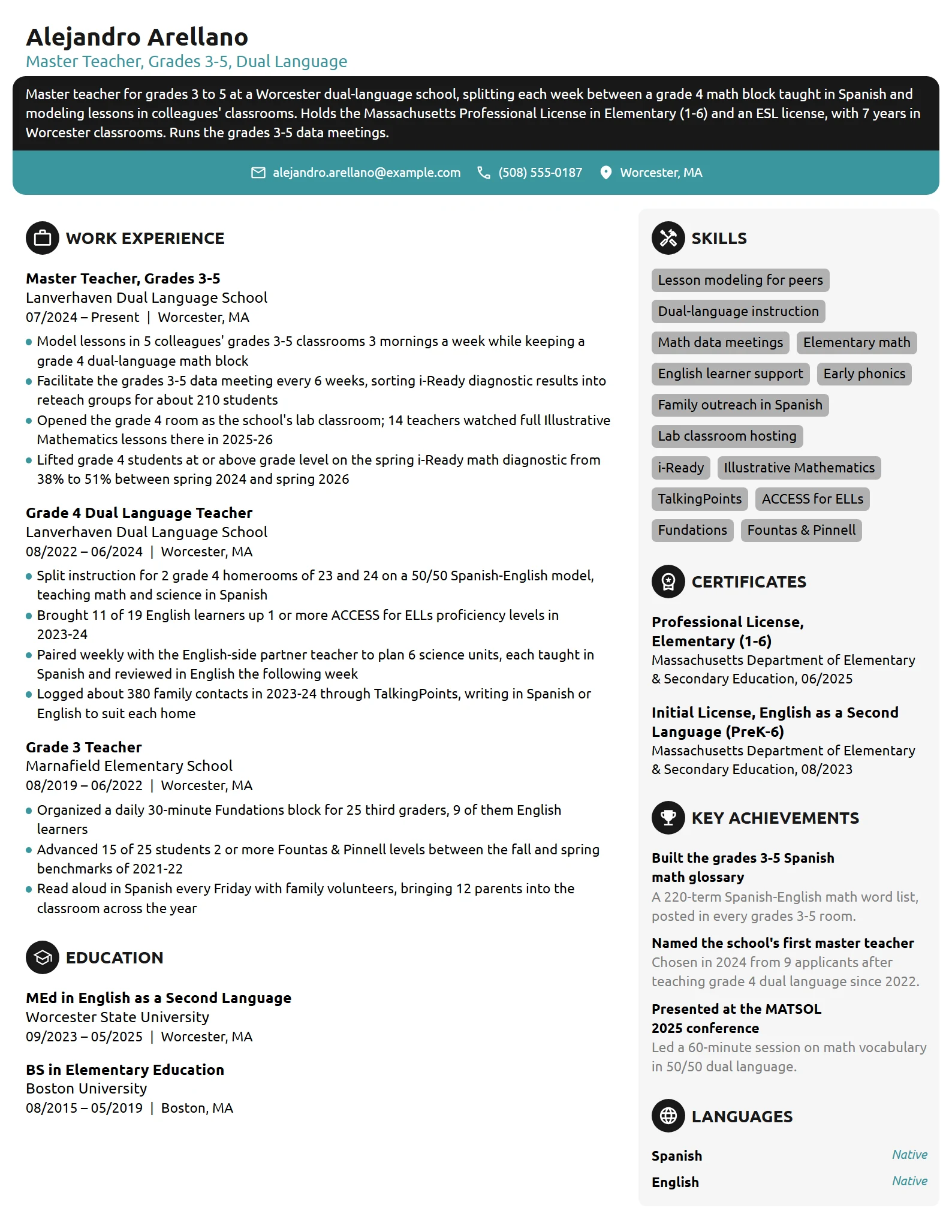 Master Teacher resume example