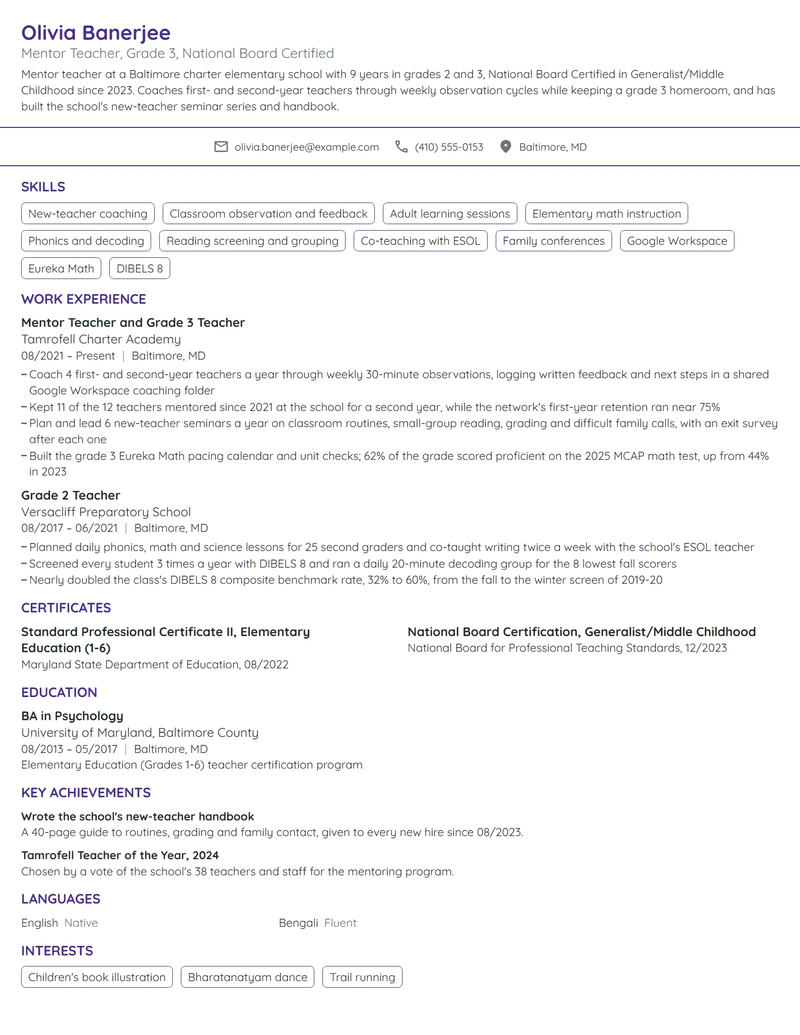 Mentor Teacher resume example