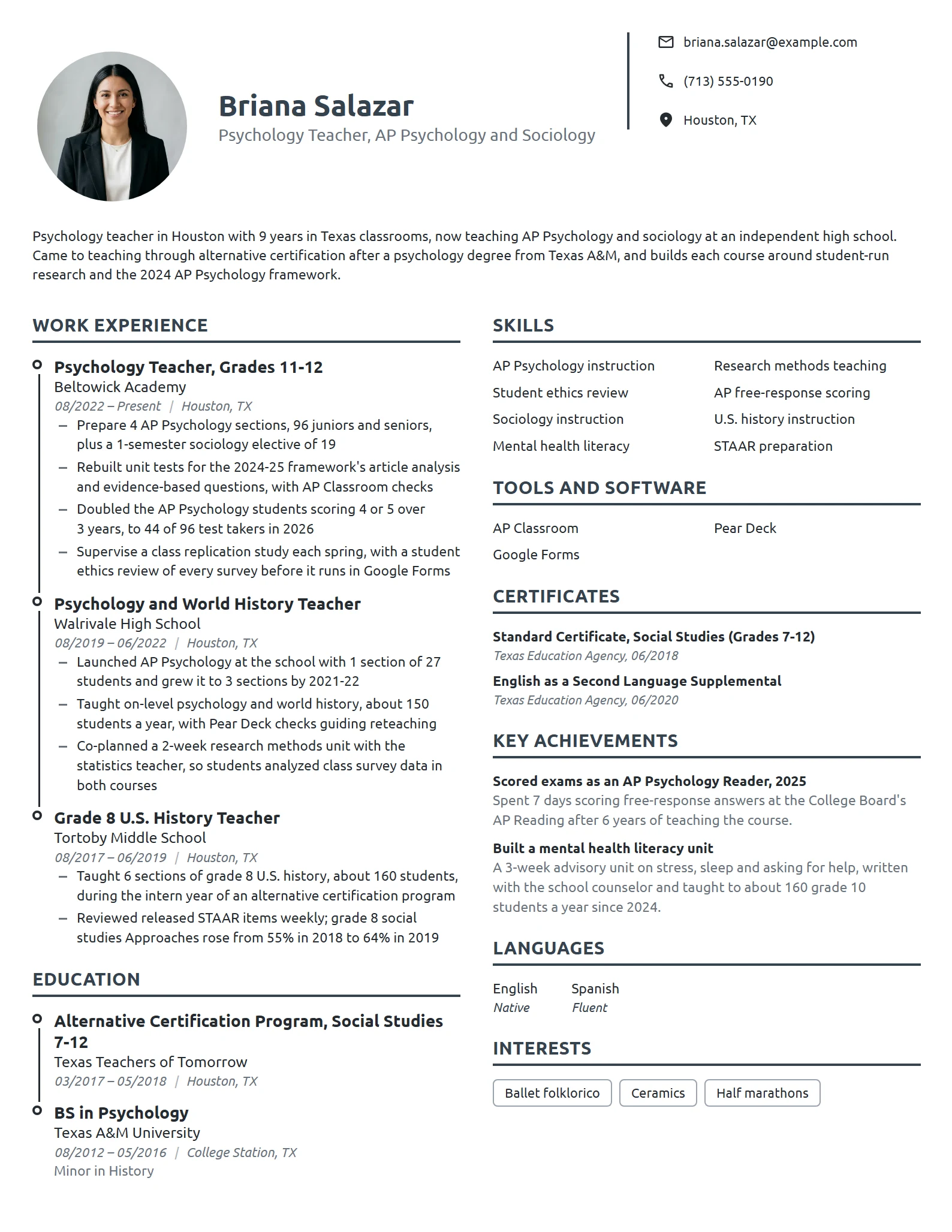 Psychology Teacher resume example