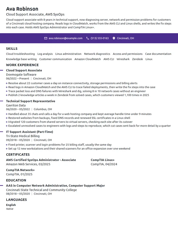 Cloud Support Associate resume example