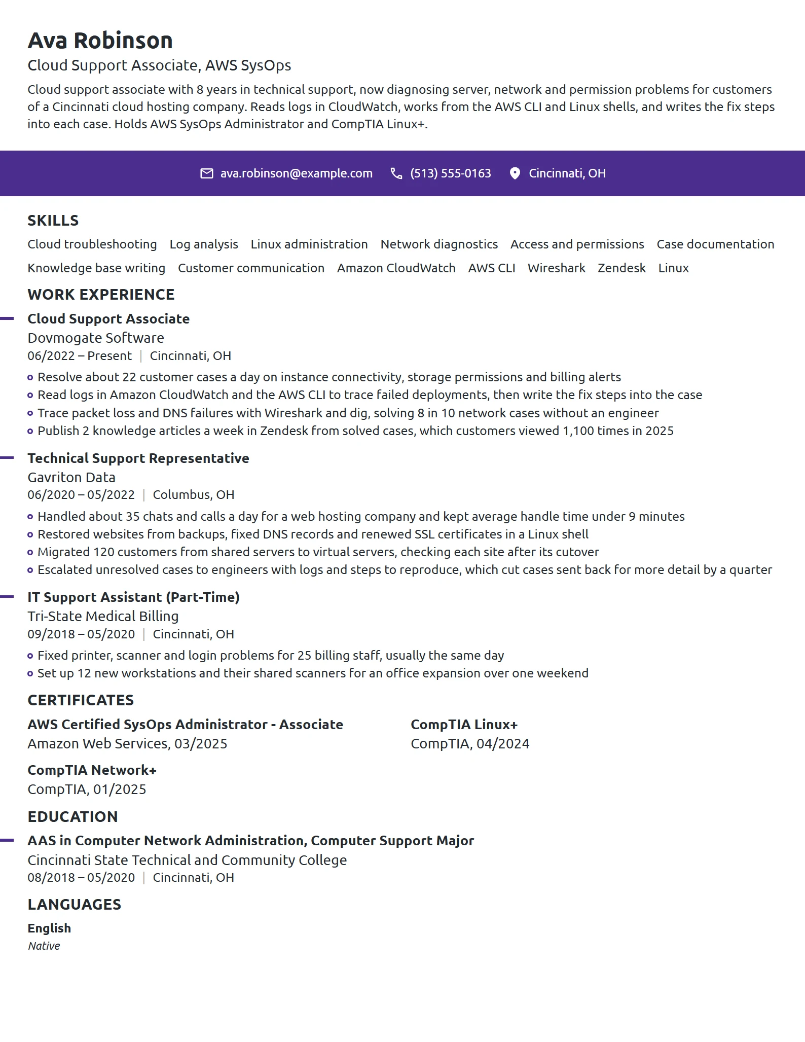 Cloud Support Associate resume example