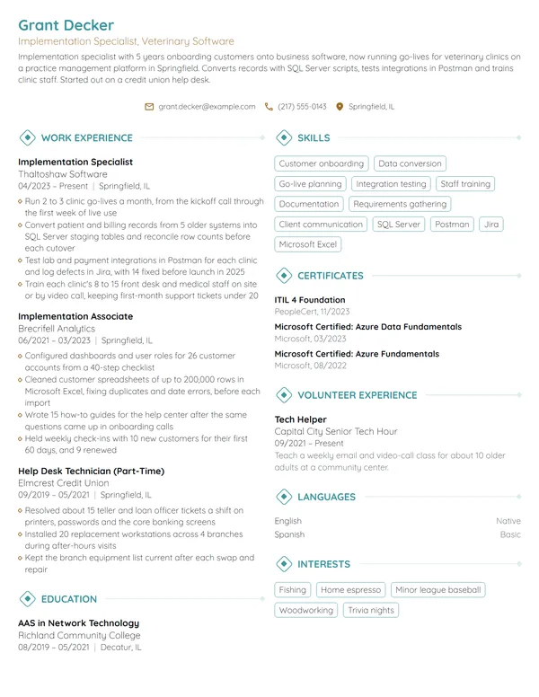 Implementation Specialist resume example