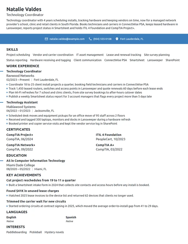 Tech Coordinator resume example