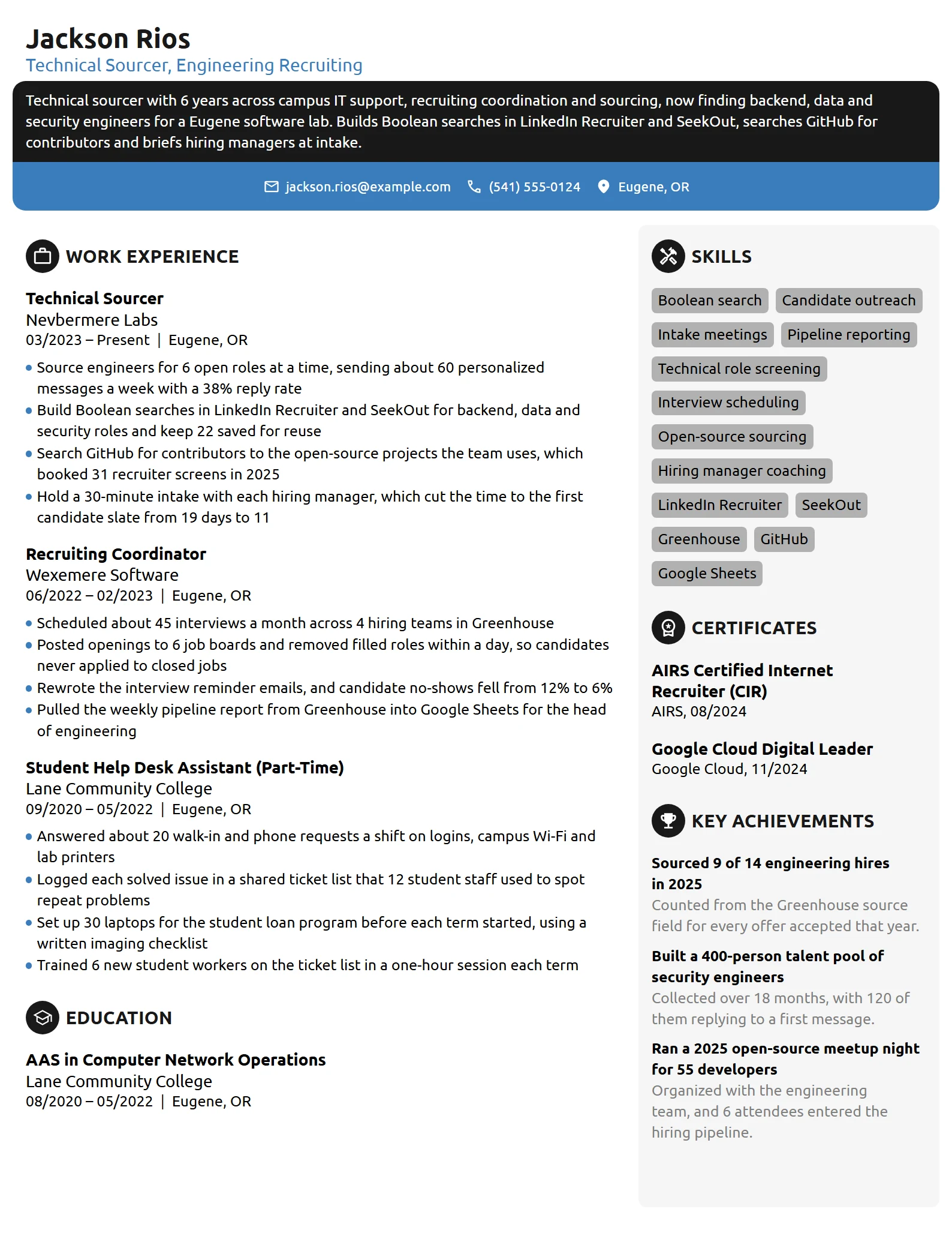 Technical Sourcer resume example