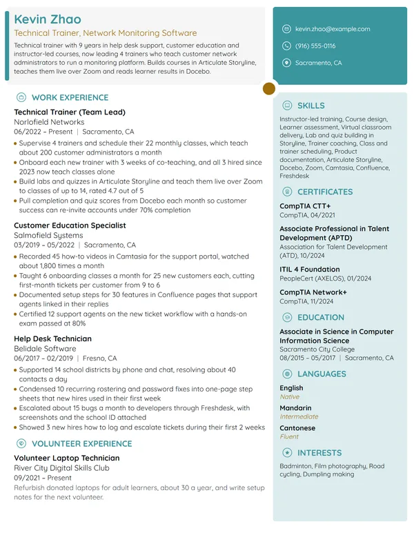 Technical Trainer resume example