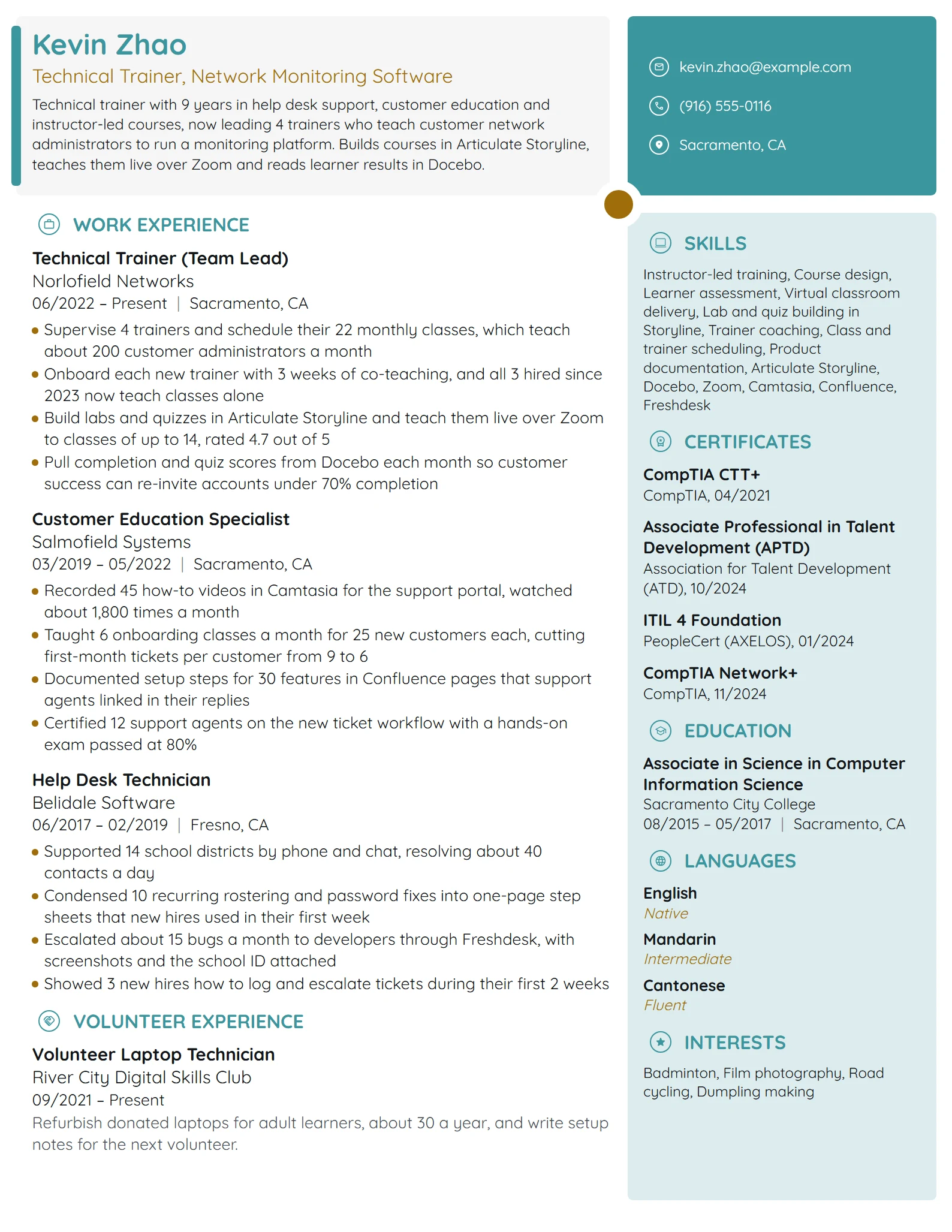 Technical Trainer resume example