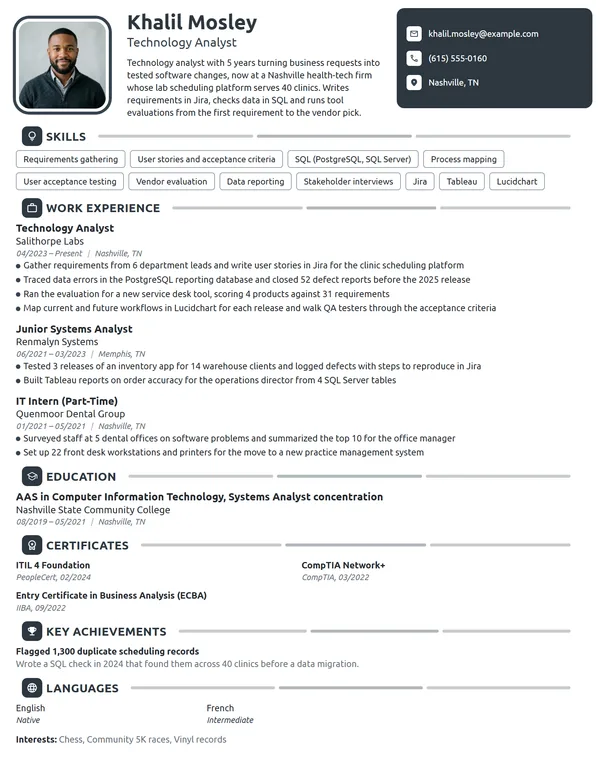 Technology Analyst resume example