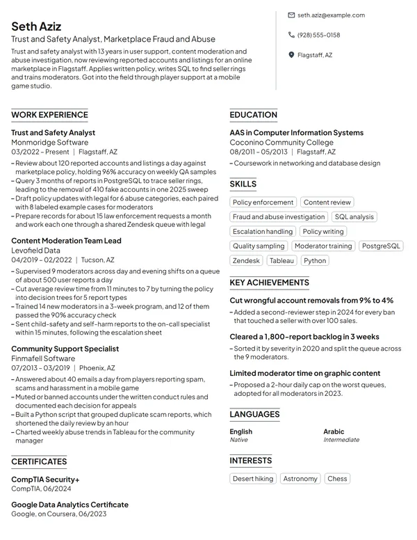 Trust and Safety Analyst resume example