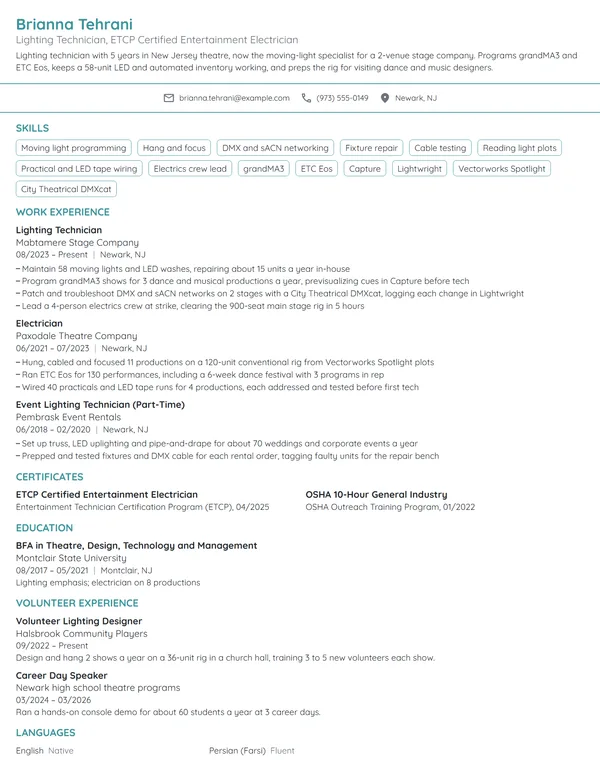 Lighting Technician resume example