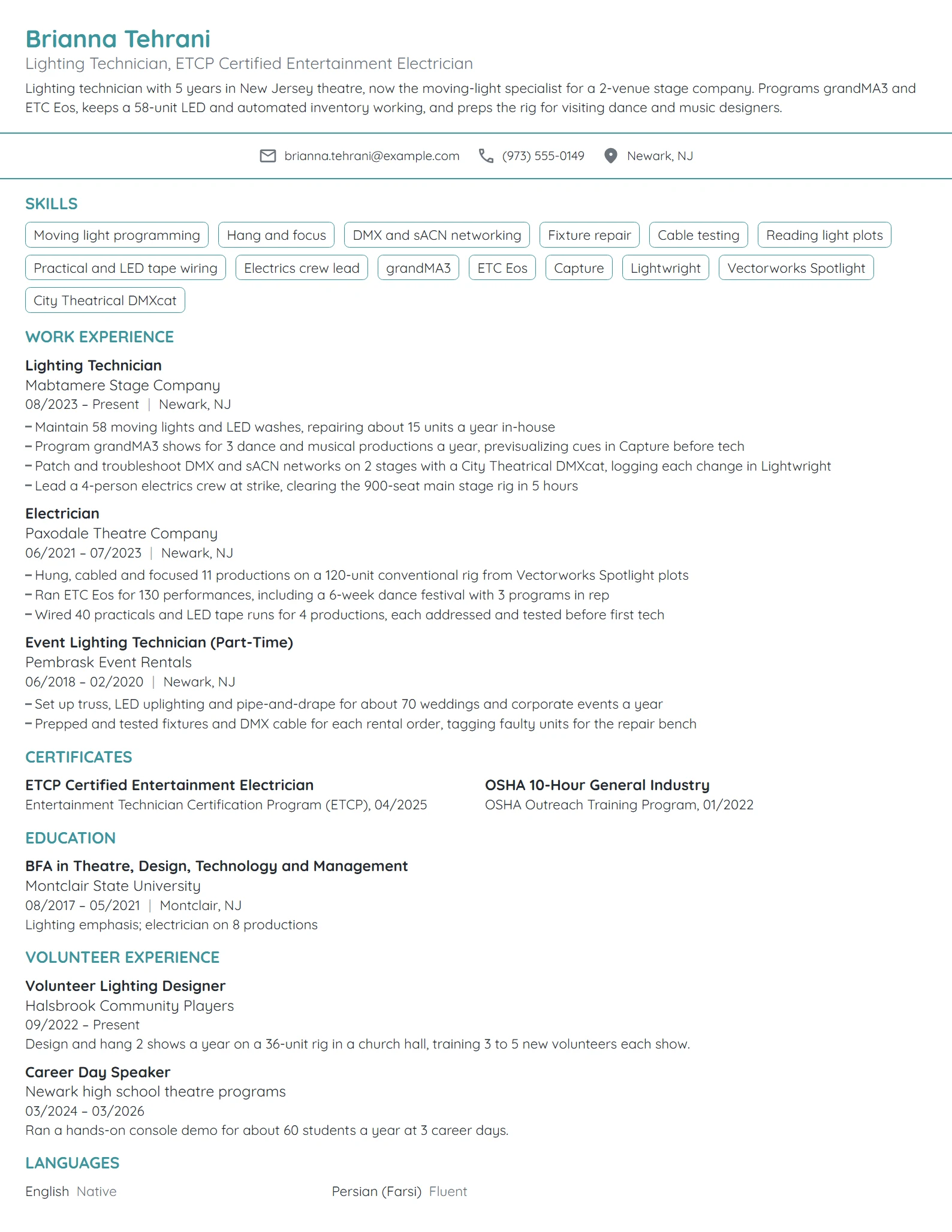 Lighting Technician resume example