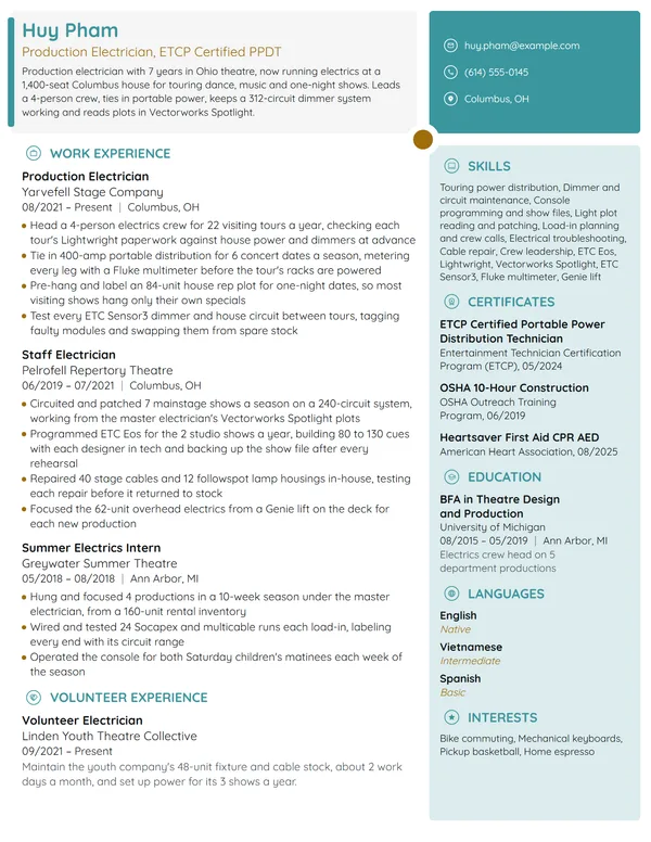 Production Electrician resume example