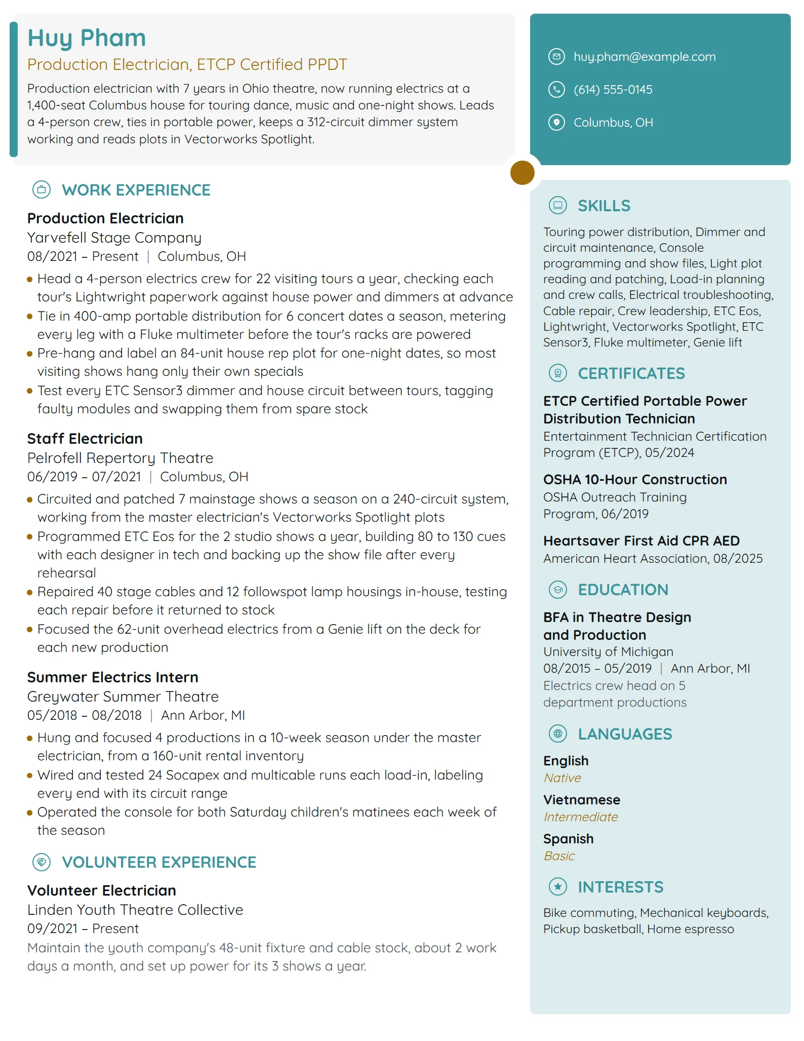 Production Electrician resume example