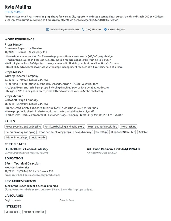 Props Master resume example