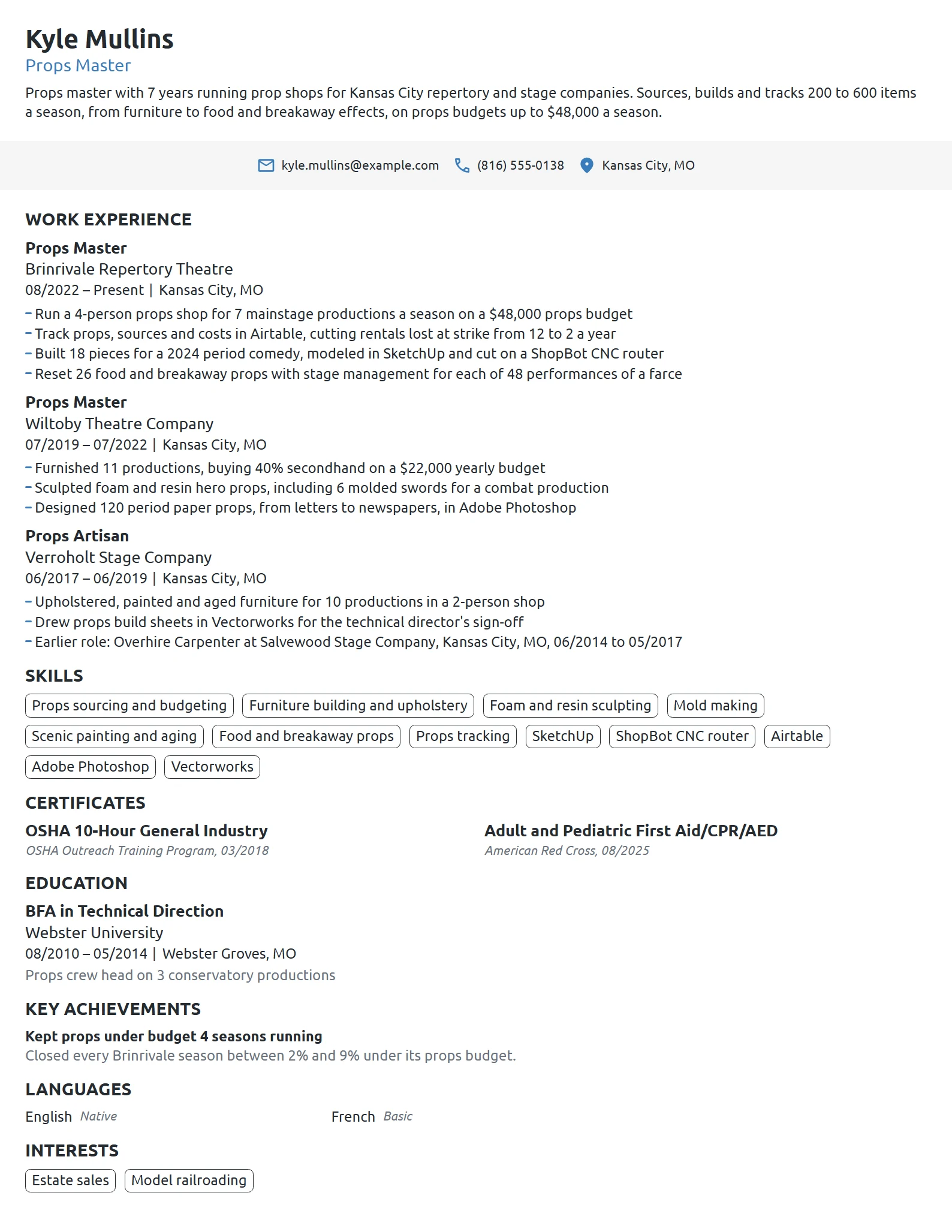 Props Master resume example