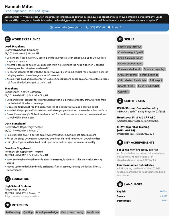 Stagehand resume example