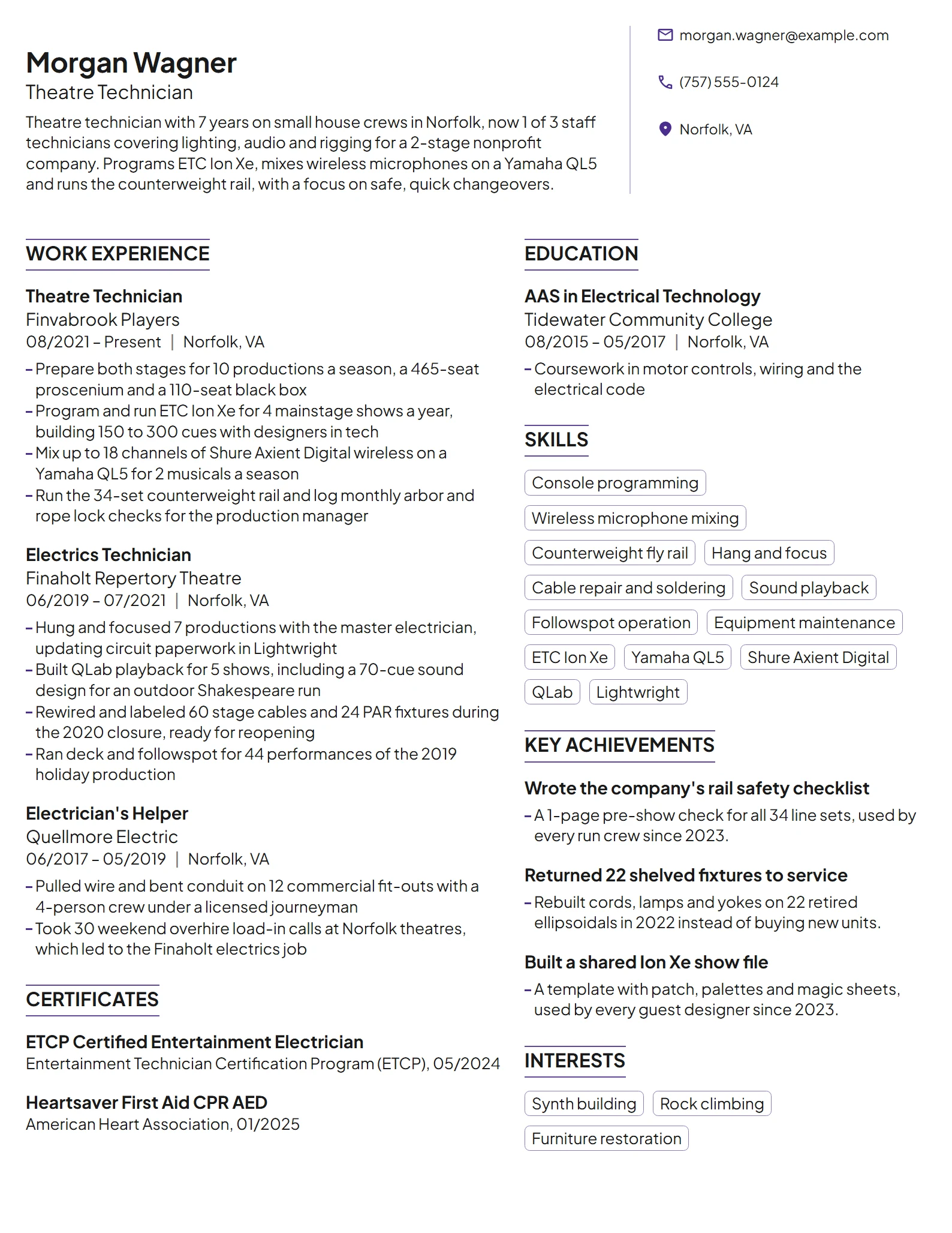 Theatre Technician resume example