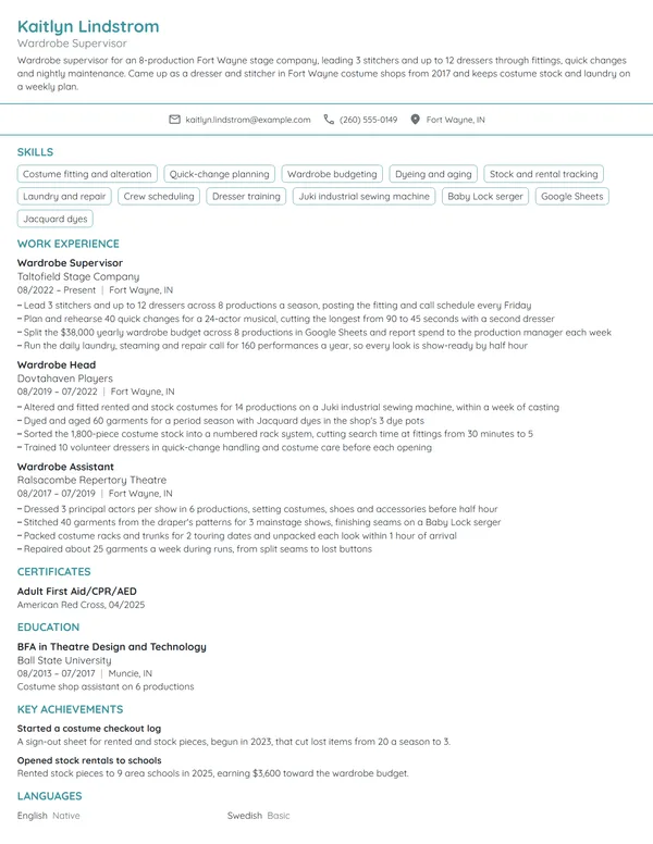 Wardrobe Supervisor resume example