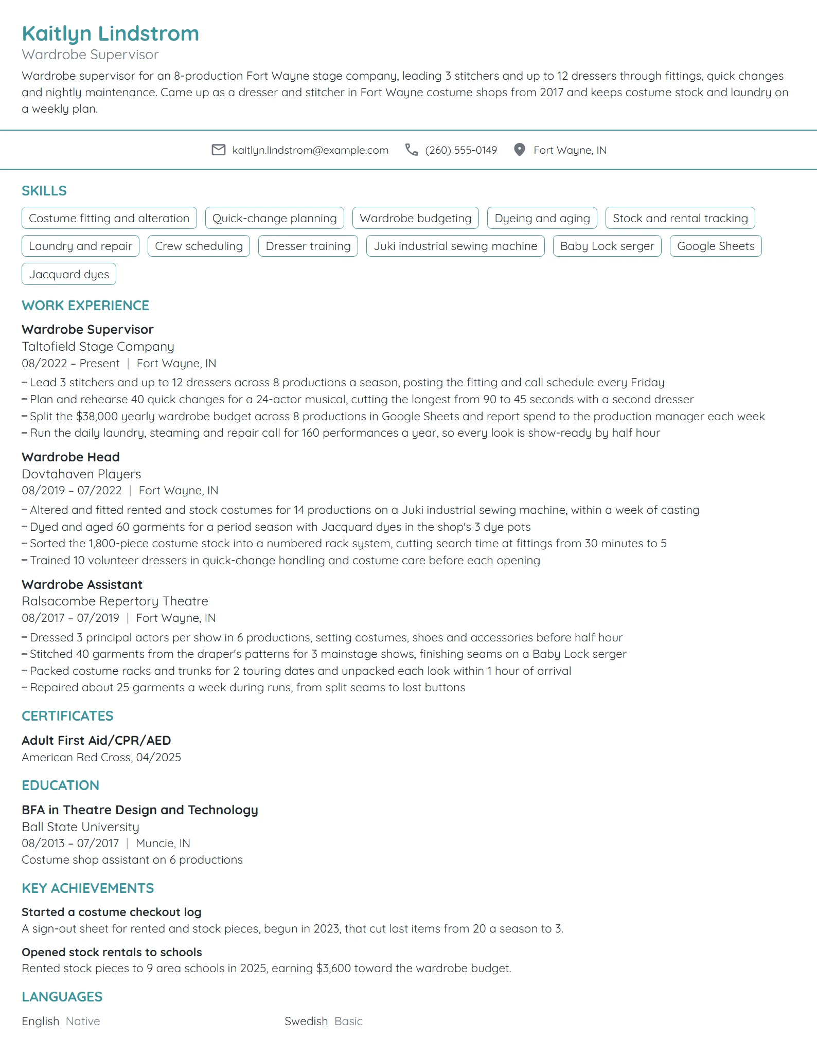 Wardrobe Supervisor resume example