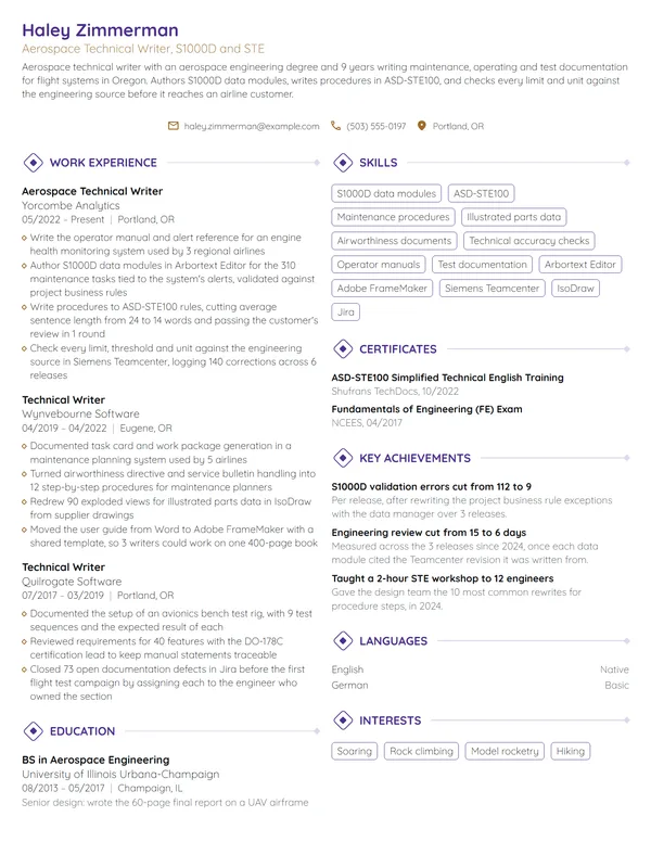 Aerospace Technical Writer resume example