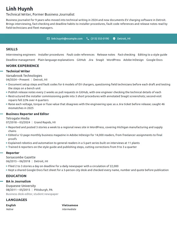 Career Change Technical Writer resume example