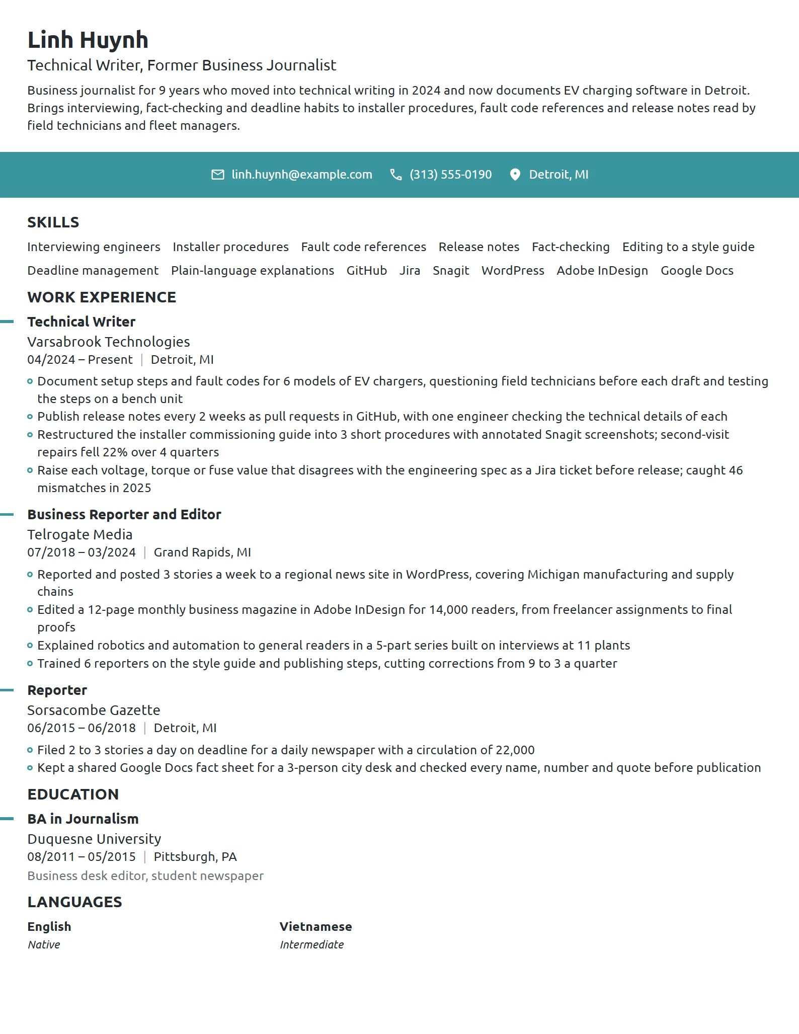 Career Change Technical Writer resume example