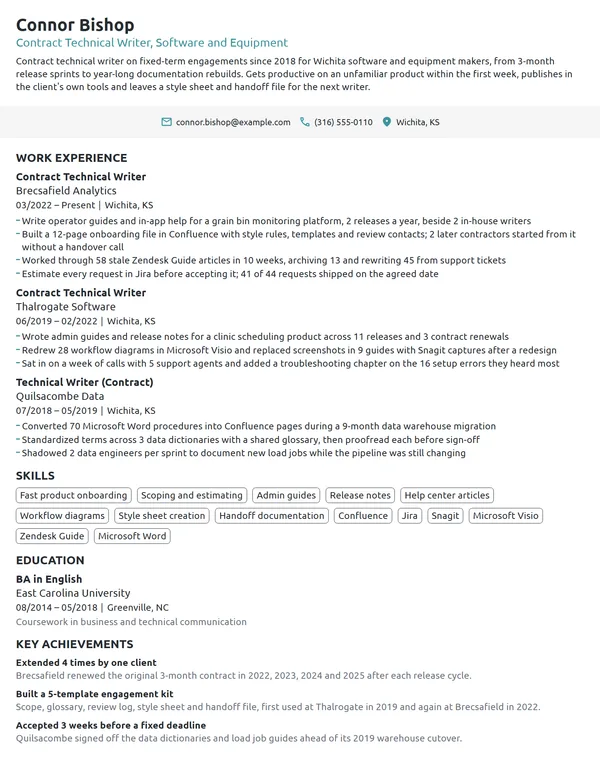Contract Technical Writer resume example